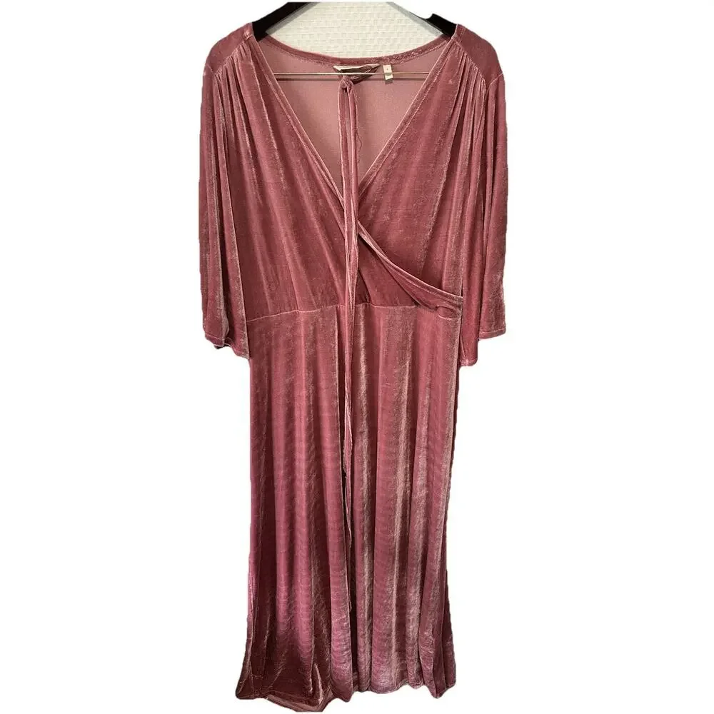 Soft Surroundings Pink Vera Velvet Faux Wrap Maxi Dress Wedding Holiday Dress LG - Picture 4 of 9